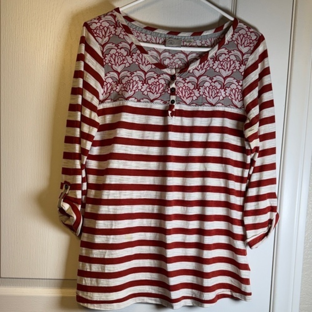 Anthropologie Blouse 3/4 Sleeve Striped Burnt Orange White Size Large EUC #2217
